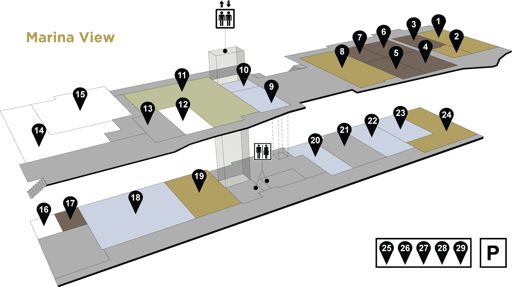 A two-level parking floor plan with marked parking spots numbered 1 to 29, an elevator at the center, and a marina view notation. A P symbol indicates parking.